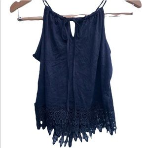 Tie Back Black Suede and Lace Crop Tank Top